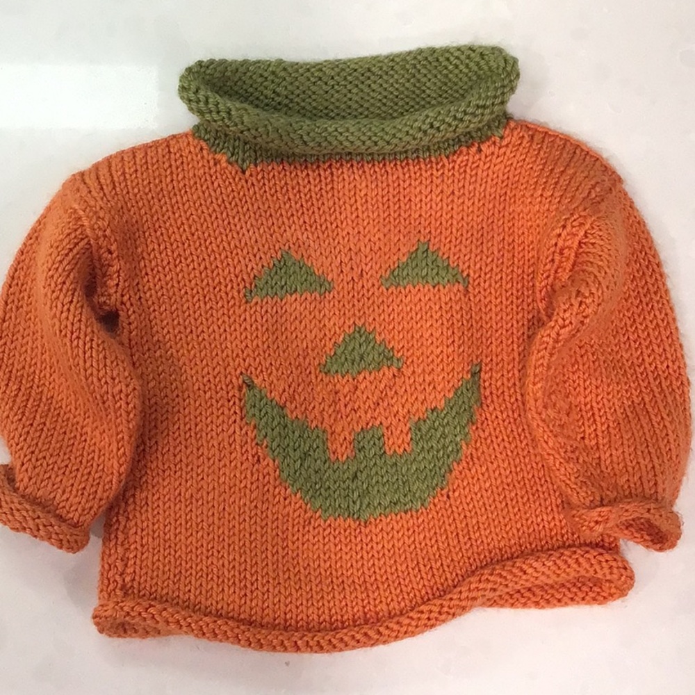 Orange Pumpkin Hand Knit Sweater with Green Accents